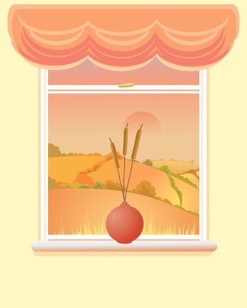 an illustration of a window with an autumnal landscape a vase of bullrushes and a swag curtainのイラスト素材