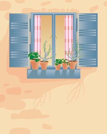 an illustration of an old rustic window with checked curtains shutters and pots of herbs on the windowsill in a stone wallのイラスト素材