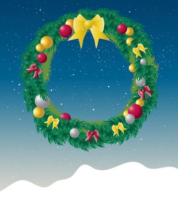 an illustration of a decorative christmas wreath with red and gold baubles and bows on a snowy backgroundのイラスト素材