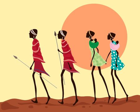 an illustration of four african men and women with babies walking under a sunset skyのイラスト素材
