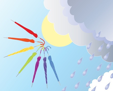 an illustration of seven colorful folded umbrellas with stormy clouds sunshine and raindrops against a blue skyのイラスト素材