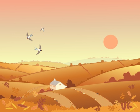 an illustration of a country cottage in an autumn landscape with rolling hills hedgerows and leaves under a sunset skyのイラスト素材