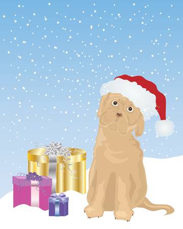 an illustration of an attractive puppy wearing a santa hat with christmas presents in the snowのイラスト素材