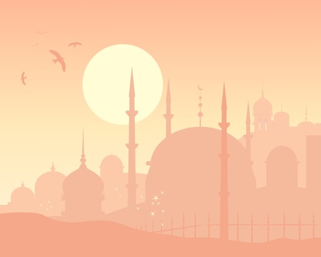 an illustration of an exotic skyline with islamic architecture at sunsetのイラスト素材
