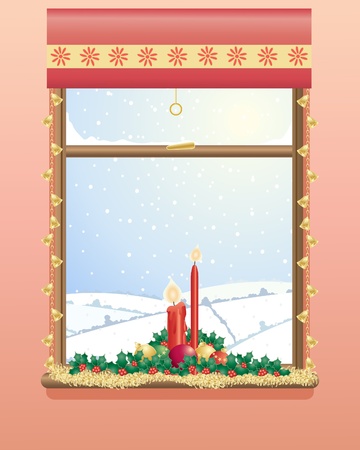 an illustration of a decorated christmas window with candles holly and a snowy landscapeのイラスト素材