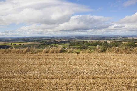 a harvest time stubble field in late summer overlooking the panoramic vale of york with farms and...
