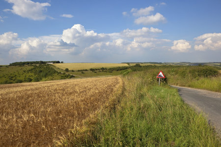a small country yorkshire wolds road winding through agricultural hillsides under a blue cloudy sky...