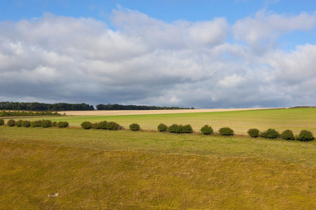 a green valley in horsedale in the yorkshire wolds england with trees and hedgerows under a blue sky...