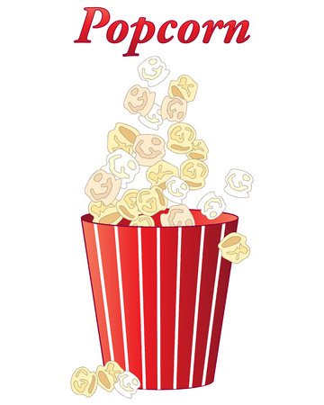 an illustration of delicious fresh popcorn in a red and white stripey carton on a white backgroundのイラスト素材