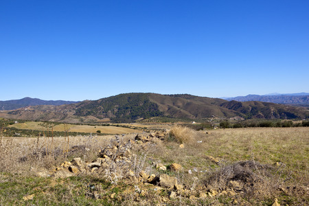 a rocky arid landscape with wooded mountains olive groves and sandy cultivated fields under a blue sky in andalusia spainの写真素材