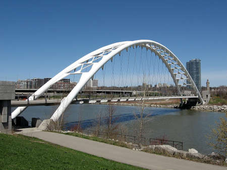 Beautiful Humber Bay Arch Bridge on bank of lake Ontario in Toronto, Canada          の写真素材