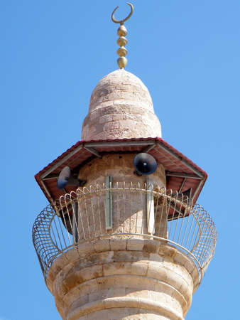 The upper part of the minaret of mosque in old city Jaffa, Israelの写真素材