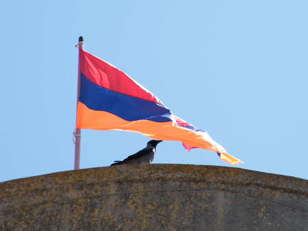 Armenian Flag and crow in old city Jaffa, Israelの写真素材