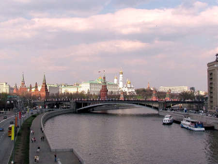 Moscow Kremlin and Big Stone Bridge on the Moscow River at evening in  Moscow, Russiaの写真素材