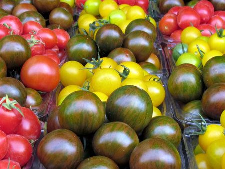 Yellow, red and brown cherry tomatoes on bazaar in Tel Aviv, Israel                                 の写真素材