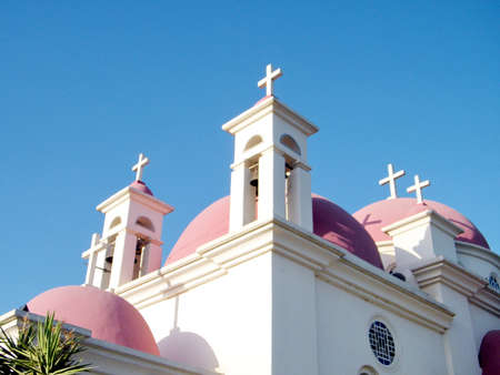 The Domes of Greek Orthodox Church in Kapernaum on the shores of Sea of Galilee in northern Israelの写真素材