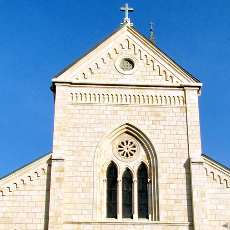 Pediment of the Franciscan Church of St. Anthony in old city Jaffa, Israelの写真素材