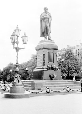 Old black and white photo: Monument to Aleksander Pushkin in Moscow, Russiaのeditorial素材