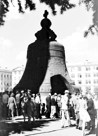 Old black and white photo: Tsar Bell on courtyard of the Moscow Kremlin in Moscow, Russiaのeditorial素材