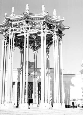 Old black and white photo: Pavilion of Uzbek SSR on VDNKh in Moscow, Russiaのeditorial素材