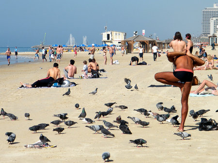 Pigeons, a yogi, and other on the beach in Tel Aviv, Israelのeditorial素材