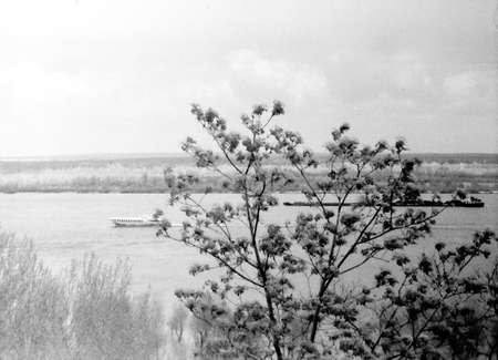 Old black and white photo: View of Dnieper River from Tarasova Hora in Kaniv, Ukraineの写真素材
