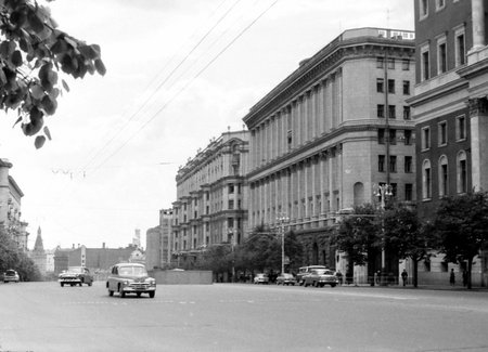 Old black and white photo: Gorky Street in Moscow, Russiaのeditorial素材