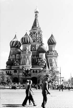 Old black and white photo: The Saint Basil Cathedral in Moscow, Russiaの写真素材