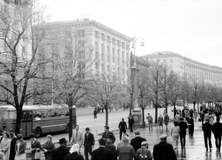 Old black and white photo: Kreschatik street after rain in the May 1964 in Kiev, Ukraine