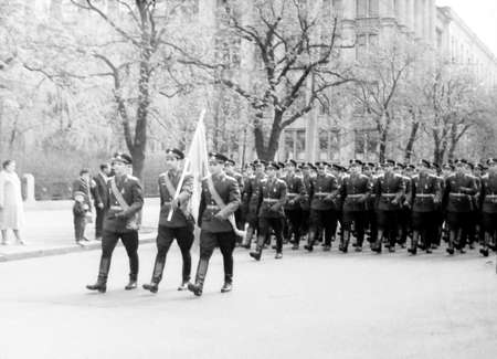 Old black and white photo: May Day military parade in 1964 in Kiev, Ukraineのeditorial素材