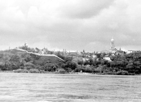 Old black and white photo: Kiev Pechersk Lavra over Dnieper in the May 1964 in Kiev, Ukraineのeditorial素材