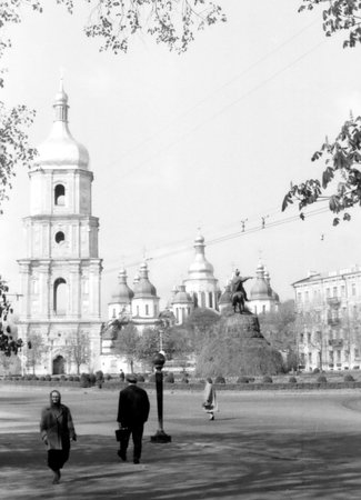 Old black and white photo: Square in front of St Sofia in the May 1964 in Kiev, Ukraineのeditorial素材