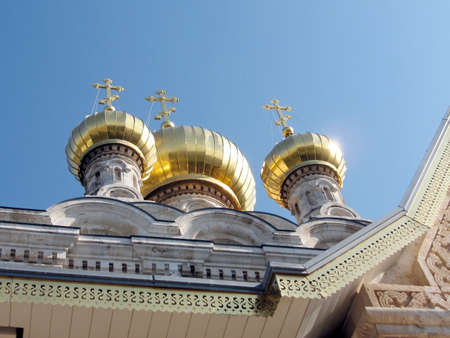 Russian orthodox church with gold domes, Jerusalem, Israelの写真素材