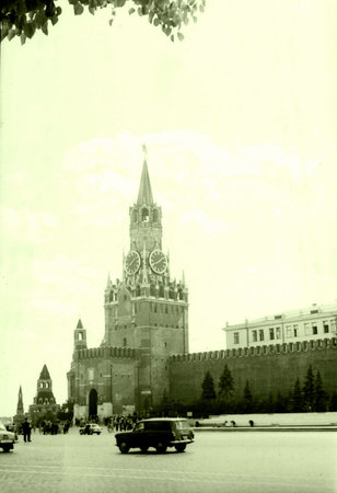 Old photo: The Spasskaya Tower of Moscow Kremlin in Moscow, in 1962, Russia