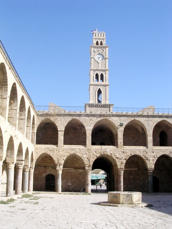 Khan al Omdan Clock Tower in the old city of Acre, Akko, Israelのeditorial素材
