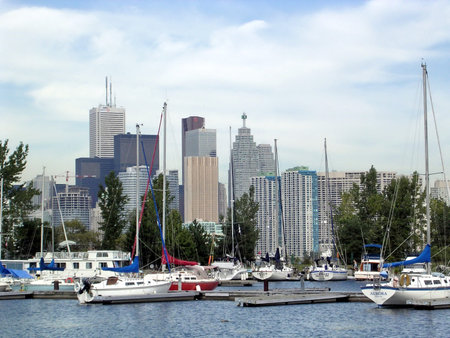 Yachts on lake Ontario on the background of the Downtown in Toronto, Canada