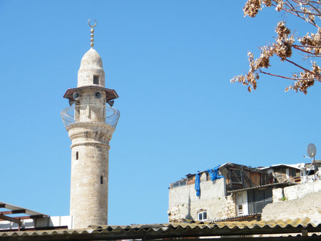 The minaret of Al-siksik mosque in old city Jaffa, Israelの写真素材