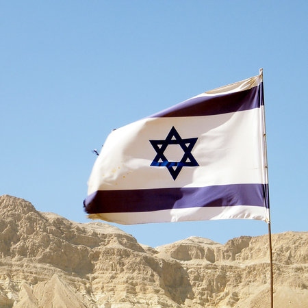 Israeli flag in Ein Gedi on Dead Sea coast, Israelの写真素材