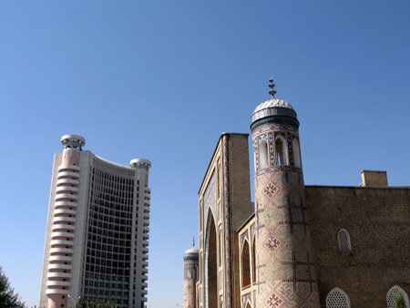 Kukeldash Madrassah and modern building in Chorsu of Tashkent, Uzbekistan