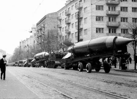 Old black and white photo: Rockets on May Day military parade in Kiev, Ukraineのeditorial素材