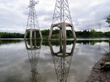 Transmission towers with nests of Cormorant in Toronto, Canada, June 5, 2017の写真素材