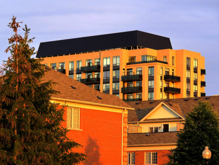 Red buildings at sunset in Thornhill, Canada, September 1, 2017 