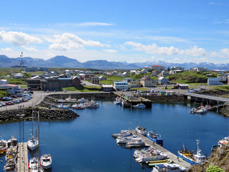The landscape with town of Stykkisholmur on Snaefellsnes peninsula in the western part of Iceland,...