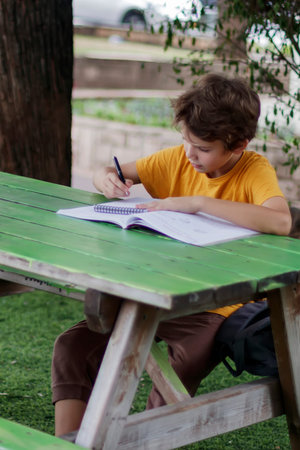 Schoolboy doing homework sitting at a wooden desk