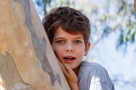 Portrait of a little boy next to a trunk of treeの写真素材