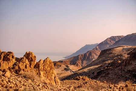 View of the Dead Sea and the mountains of Moabの写真素材