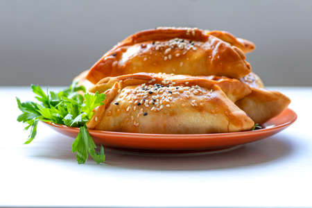 Samsa. Traditional oriental meat patties with parsley leaves on a plateの写真素材