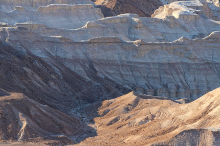 View of the sandy and chalk mountains of the Negev Desert. Erosion.