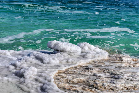 Crystal salt on a rock near beach in the Dead Sea closeup. Israelの写真素材