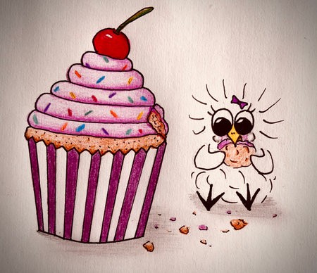 Barnacle chicken chick eats cupcakeの写真素材